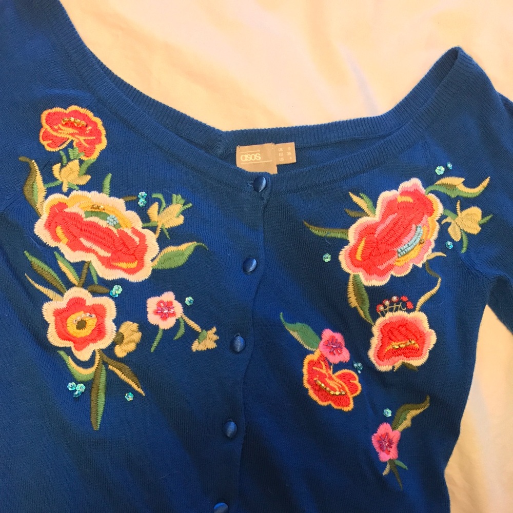 Embroidered and beaded off shoulder cardigan